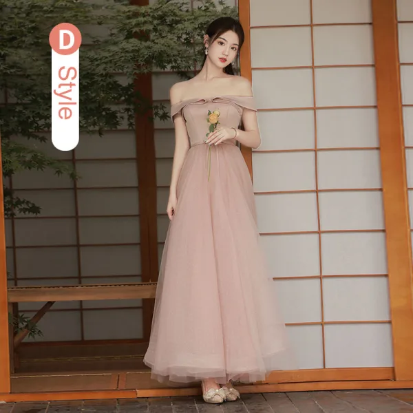 Modest / Simple Dusky Pink Bridesmaid Dresses 2021 A-Line / Princess Short Sleeve Floor-Length / Long Wedding Party Dresses