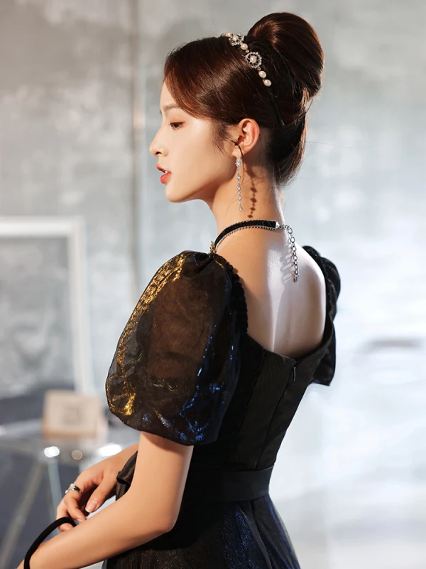 Charming Black Evening Dresses 2021 A-Line / Princess Square Neckline Puffy Short Sleeve Backless Floor-Length / Long Evening Party Formal Dresses