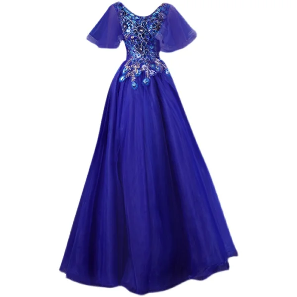 Élégant Bleu Roi Robe De Bal 2021 Princesse V-Cou Manches Courtes Dos Nu Perlage Paillettes En Dentelle Fleur Longue Robe De Ceremonie