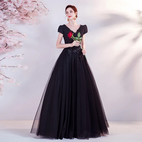 Elegant Black Prom Dresses 2021 A-Line / Princess V-Neck Beading Rhinestone Lace Flower Short Sleeve Backless Floor-Length / Long Formal Dresses