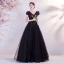 Elegant Black Prom Dresses 2021 A-Line / Princess V-Neck Beading Rhinestone Lace Flower Short Sleeve Backless Floor-Length / Long Formal Dresses