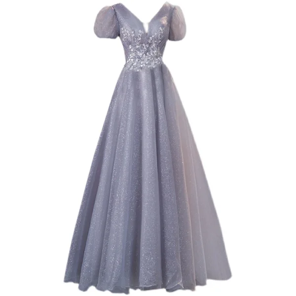 Bling Bling Gris Glitter Perlage Paillettes Appliques Robe De Bal 2021 Princesse V-Cou Gonflée Manches Courtes Dos Nu Longue Robe De Ceremonie