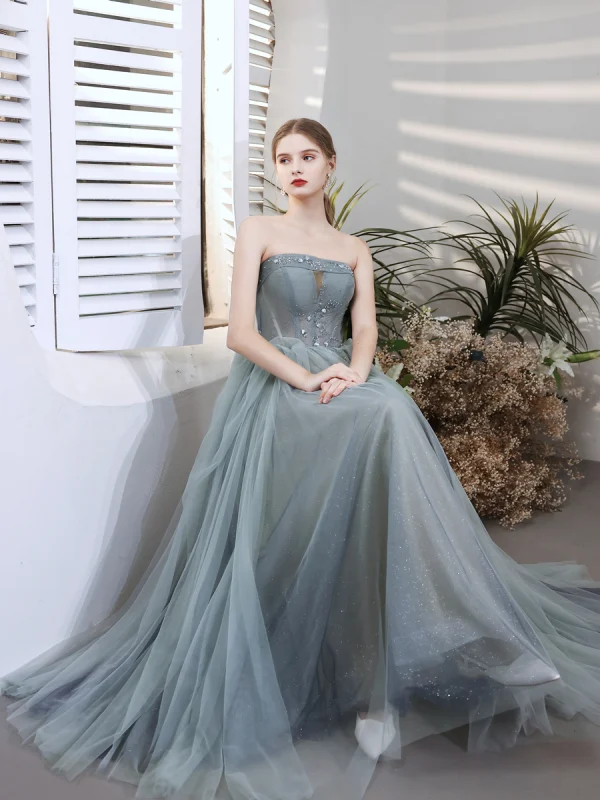 Modest / Simple Sky Blue Beading Prom Dresses 2021 A-Line / Princess Strapless Sleeveless Backless Floor-Length / Long Formal Dresses