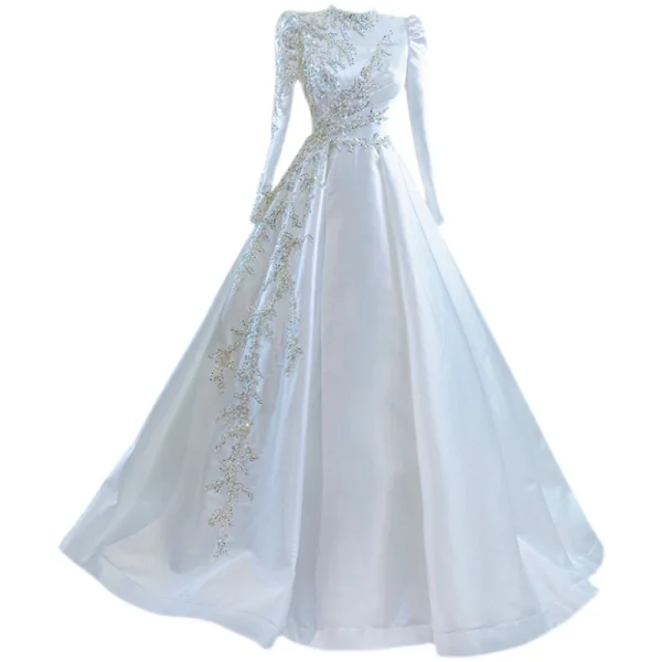 High-end Elegant Ivory Satin Wedding Dresses 2021 A-Line / Princess High Neck Beading Pearl Sequins Long Sleeve Sweep Train Wedding