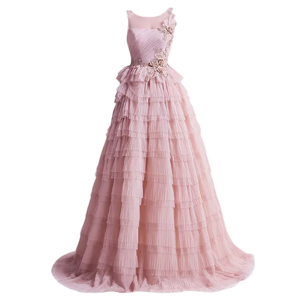 Chic / Belle Rougissant Rose Volants en Cascade Robe De Bal 2021 Princesse Encolure Dégagée Perlage Perle Paillettes En Dentelle Fleur Sans Manches Dos Nu Longue Robe De Ceremonie