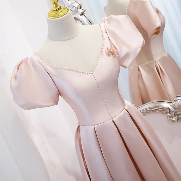 Elegante Pink Satin Ballkleider 2021 A Linie Perle V-Ausschnitt Geschwollenes Kurze Ärmel Rückenfreies Lange Festliche Kleider