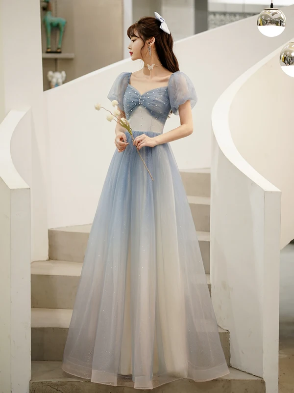 Affordable Sky Blue Gradient-Color Glitter Prom Dresses 2021 A-Line / Princess Square Neckline Pearl Puffy Short Sleeve Backless Floor-Length / Long Formal Dresses