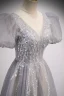 Charming Grey Prom Dresses 2021 A-Line / Princess V-Neck Beading Sequins Puffy Short Sleeve Backless Floor-Length / Long Formal Dresses