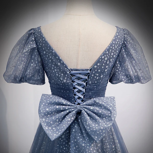 Charming Ocean Blue Spotted Prom Dresses 2021 A-Line / Princess V-Neck Puffy Short Sleeve Backless Bow Floor-Length / Long Prom Formal Dresses