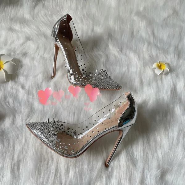 Sexy Transparent Silver Evening Party Rivet Rhinestone Pumps 2021 12 cm Stiletto Heels Pointed Toe Pumps High Heels
