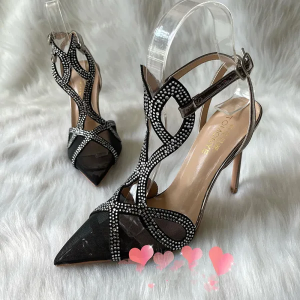 Sexy Noire Soirée Faux Diamant Sandales Femme 2021 Cuir T-Strap 10 cm Talons Aiguilles À Bout Pointu Sandales Talons Hauts