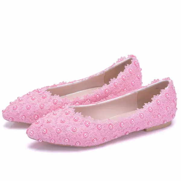 Chic / Beautiful White Pearl Lace Flower Flat Wedding Shoes 2021 Pointed Toe Wedding