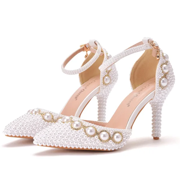 Eleganta Elfenben Pärla Rhinestone Brudskor 2021 Ankelband 9 cm Stilettklackar Spetsiga Bröllop Högklackade