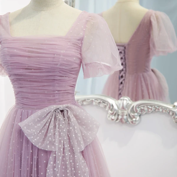 Chic / Beautiful Lilac Ruffle Spotted Prom Dresses 2021 A-Line / Princess Square Neckline Bow Short Sleeve Floor-Length / Long Formal Dresses