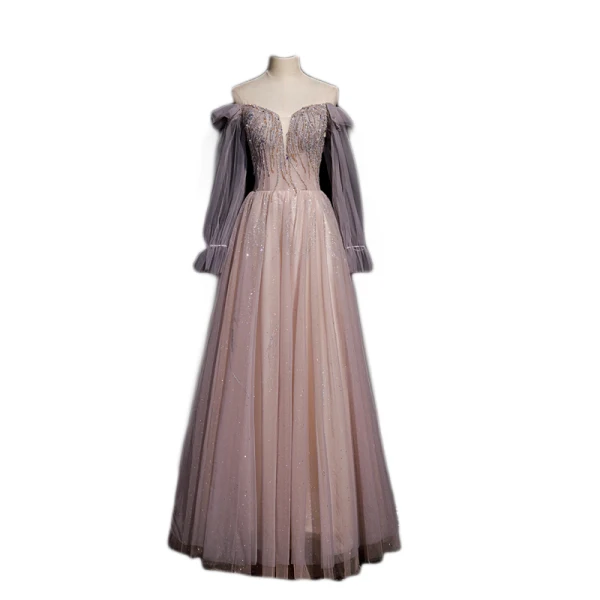 Chic / Beautiful Dusky Pink Prom Dresses 2021 A-Line / Princess Off-The-Shoulder Beading Rhinestone Sequins Long Sleeve Backless Floor-Length / Long Formal Dresses