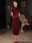 Chinesischer Stil Burgunderrot Satin Cheongsam 2021 Meerjungfrau Perle Stehkragen Kurze Ärmel Abend Lange Cheongsam