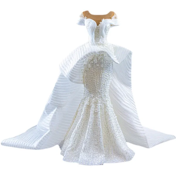 High-end Charming White Wedding Dresses 2021 Trumpet / Mermaid U-Neck Beading Pearl Appliques Short Sleeve Backless Court Train Wedding