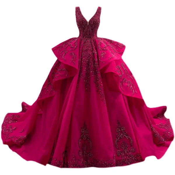 Elegant Burgundy Wedding Dresses 2021 Ball Gown Beading Pearl Sequins V-Neck Sleeveless Backless Cascading Ruffles Cathedral Train Wedding