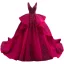 Elegant Burgundy Wedding Dresses 2021 Ball Gown Beading Pearl Sequins V-Neck Sleeveless Backless Cascading Ruffles Cathedral Train Wedding
