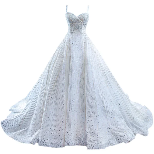 High-end White Glitter Wedding Dresses 2021 Ball Gown Sleeveless Sequins Rhinestone Spaghetti Straps Cathedral Train Wedding