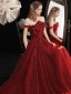 Charming Burgundy Pearl Bow Prom Dresses 2021 Off-The-Shoulder A-Line / Princess Sleeveless Backless Floor-Length / Long Formal Dresses