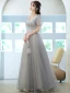 Élégant Gris Perlage Paillettes Robe De Bal 2021 Princesse V-Cou Manches Courtes Dos Nu Promo Longue Robe De Ceremonie