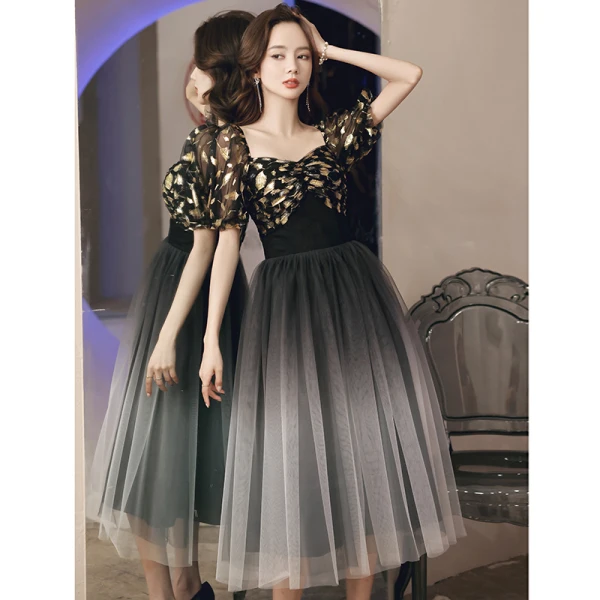 Fashion Black Homecoming Printing Graduation Dresses 2021 A-Line / Princess Square Neckline Short Sleeve Tea-length Formal Dresses