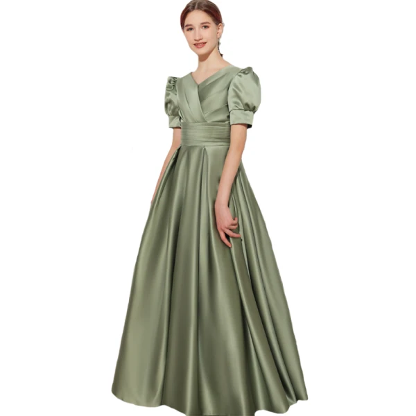 Elegant Sage Green Birthday Flower Girl Dresses 2021 A-Line / Princess Satin V-Neck Short Sleeve Floor-Length / Long Flower Girl Dresses