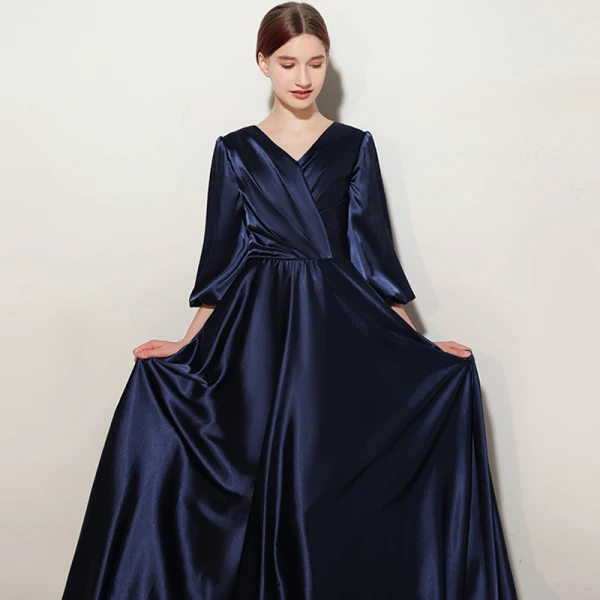 Elegant Navy Blue Satin Birthday Flower Girl Dresses Party Dresses 2021 A-Line / Princess V-Neck 1/2 Sleeves Floor-Length / Long Flower Girl Dresses