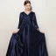 Elegant Navy Blue Satin Birthday Flower Girl Dresses Party Dresses 2021 A-Line / Princess V-Neck 1/2 Sleeves Floor-Length / Long Flower Girl Dresses