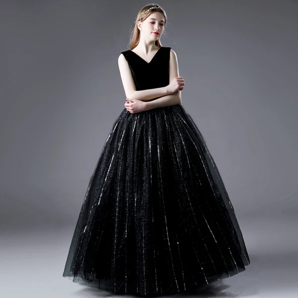 Charming Black Sequins Birthday Flower Girl Dresses Party Dresses 2021 Ball Gown V-Neck Sleeveless Floor-Length / Long Flower Girl Dresses