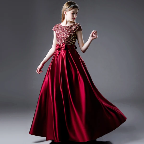 Charming Burgundy Party Dresses Flower Girl Dresses 2021 A-Line / Princess Scoop Neck Satin Short Sleeve Bow Sash Sequins Birthday Floor-Length / Long Flower Girl Dresses