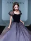 Charmant Bleu Marine Glitter Paillettes Robe De Bal 2021 Princesse Encolure Carrée Gonflée Manches Courtes Dos Nu Longue Robe De Ceremonie