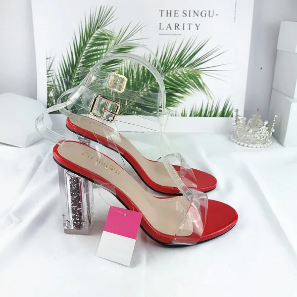 Sexy Transparent Ocean Blue Crystal Womens Sandals 2021 Street Wear Ankle Strap 10 cm Stiletto Heels Open / Peep Toe Womens Sandals High Heels