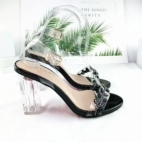 Sexy Transparent Champagne Crystal Womens Sandals 2021 Street Wear Ankle Strap Rhinestone 10 cm Thick Heels Open / Peep Toe Sandals High Heels