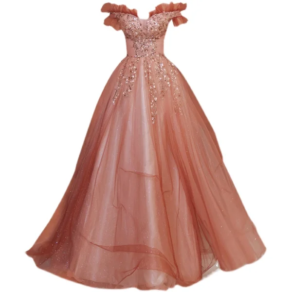 Charmant Watermelon Rouge Robe De Bal 2021 Princesse De l'épaule Perlage Paillettes Manches Courtes Dos Nu Longue Robe De Ceremonie