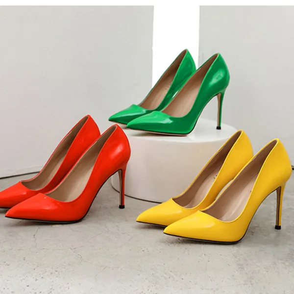Mode Grün Strassenmode Leder Pumps 2021 Lackleder 10 cm Stilettos Spitzschuh Pumps