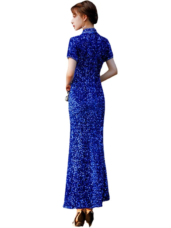 Sparkly Royal Blue Sequins Evening Party Cheongsam 2021 Trumpet / Mermaid Short Sleeve Tea-length Cheongsam / Qipao