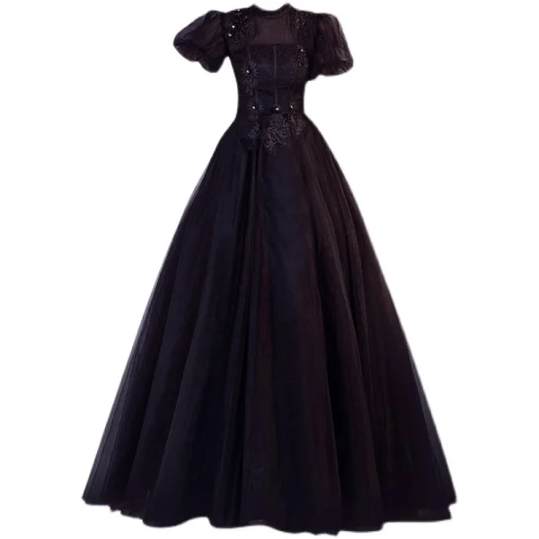 Élégant Noire En Dentelle Fleur Robe De Bal 2021 Princesse Col Haut Perle Faux Diamant Gonflée Manches Courtes Dos Nu Promo Longue Robe De Ceremonie