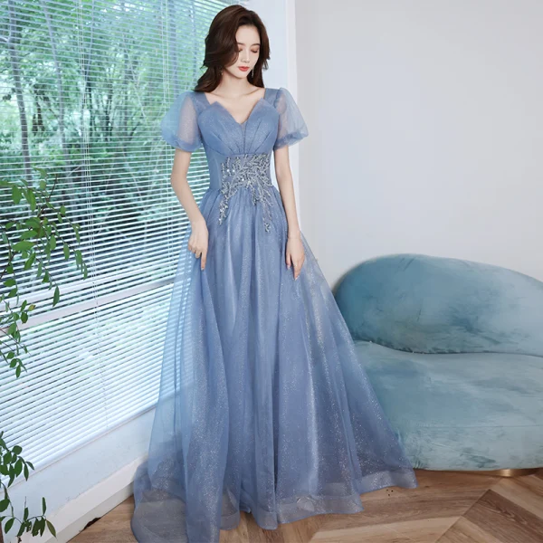 Élégant Océan Bleu Robe De Bal 2021 Princesse V-Cou Perlage Perle Paillettes Manches Courtes Longue Robe De Bal