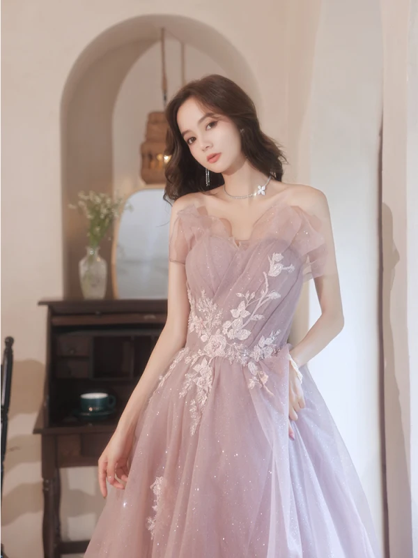 Chic / Beautiful Dusky Pink Glitter Prom Dresses 2021 A-Line / Princess Strapless Beading Sequins Lace Flower Sleeveless Backless Floor-Length / Long Formal Dresses