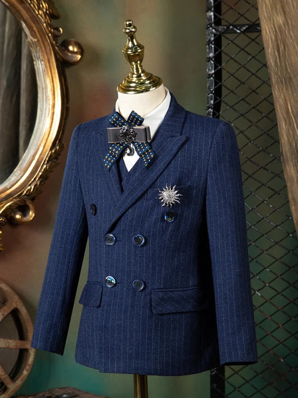 Fashion Navy Blue Striped Long Sleeve Boys Wedding Suits 2021 Body Jewellery Coat Pants Shirt Tie Vest