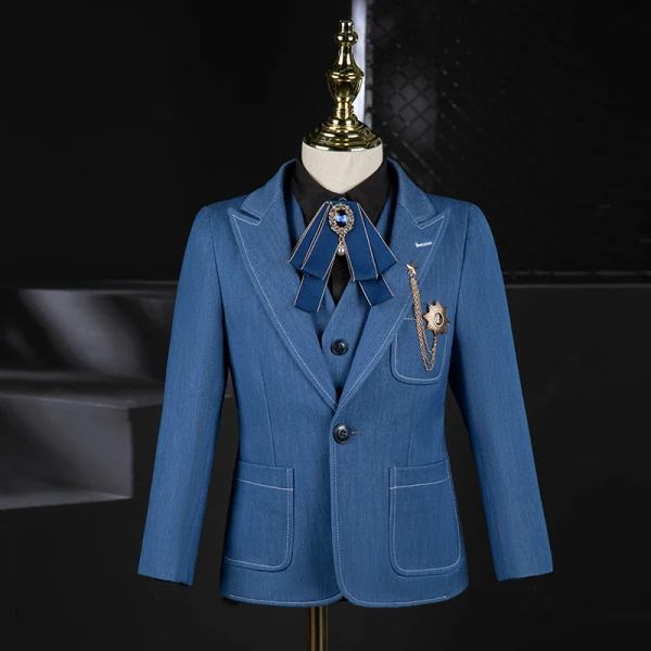 Fashion Ocean Blue Boys Wedding Suits 2021 Long Sleeve Rhinestone Bow Body Jewellery Coat Pants Shirt Vest