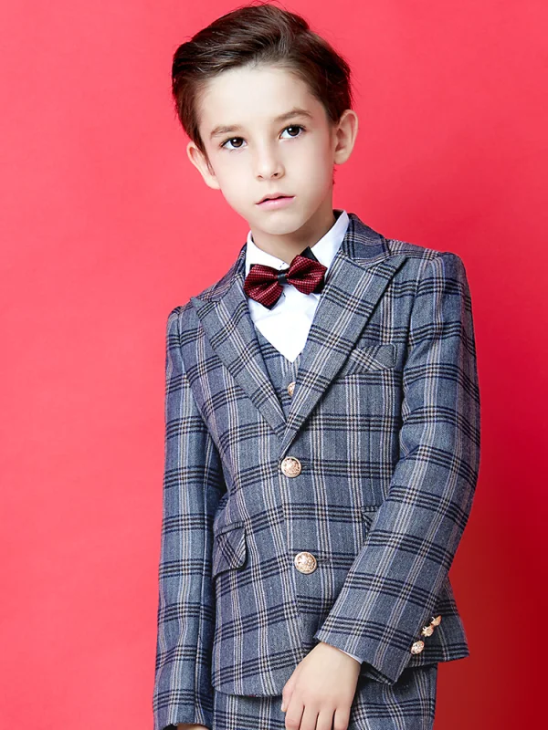 Modest / Simple Grey Boys Wedding Suits 2021 Bow Tie Long Sleeve Coat Pants Shirt Vest