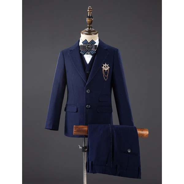 Mode Bleu Marine Manches Longues Costume Garçon Mariage 2021 Faux Diamant Noeud Cravate