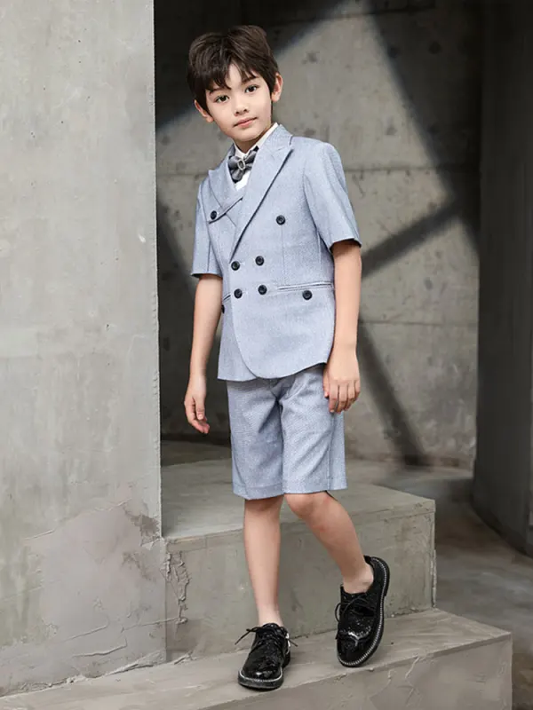 Mode Gris Bleu Ciel Costume Garçon Mariage 2021 Manches Courtes Noeud Cravate