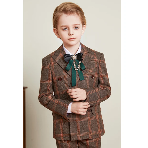Fashion Brown Plaid Boys Wedding Suits 2021 Long Sleeve Body Jewellery Coat Pants Shirt Vest