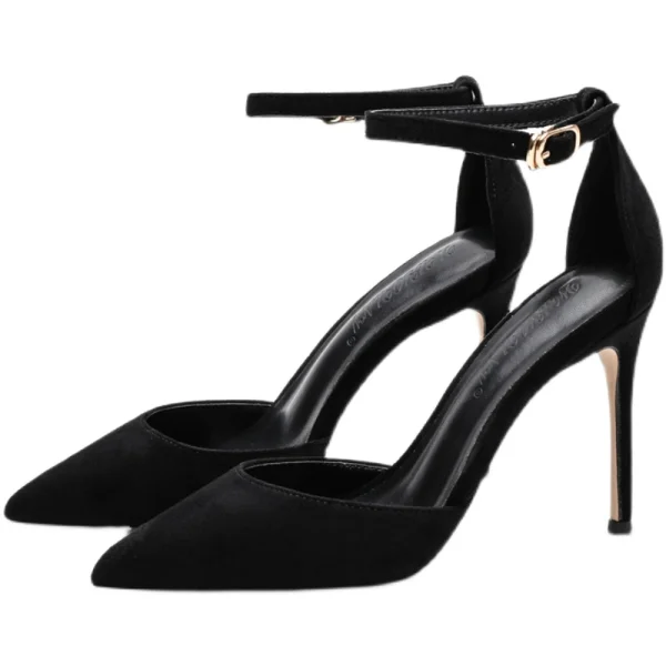 Fashion Black Street Wear Womens Sandals 2021 Leather Ankle Strap 10 cm Stiletto Heels Pointed Toe Sandals High Heels
