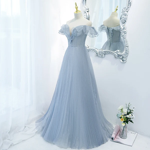 Charming Sky Blue Glitter Pleated Prom Dresses 2021 A-Line / Princess Ruffle Off-The-Shoulder Short Sleeve Floor-Length / Long Formal Dresses