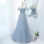 Charming Sky Blue Glitter Pleated Prom Dresses 2021 A-Line / Princess Ruffle Off-The-Shoulder Short Sleeve Floor-Length / Long Formal Dresses